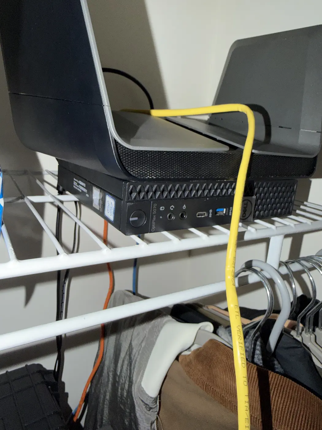 Dell OptiPlex 5070 home server mounted on a utility shelf